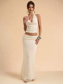 SHEIN BAE 女士串珠露背纹理上衣，春夏款 - 杏色 - 查看 4