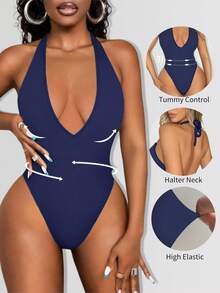 Sirith Women's Solid Color Sexy Seamless Knitted Deep V-Neck Halter Bodysuit Backless Style - Royal Blue - View 3