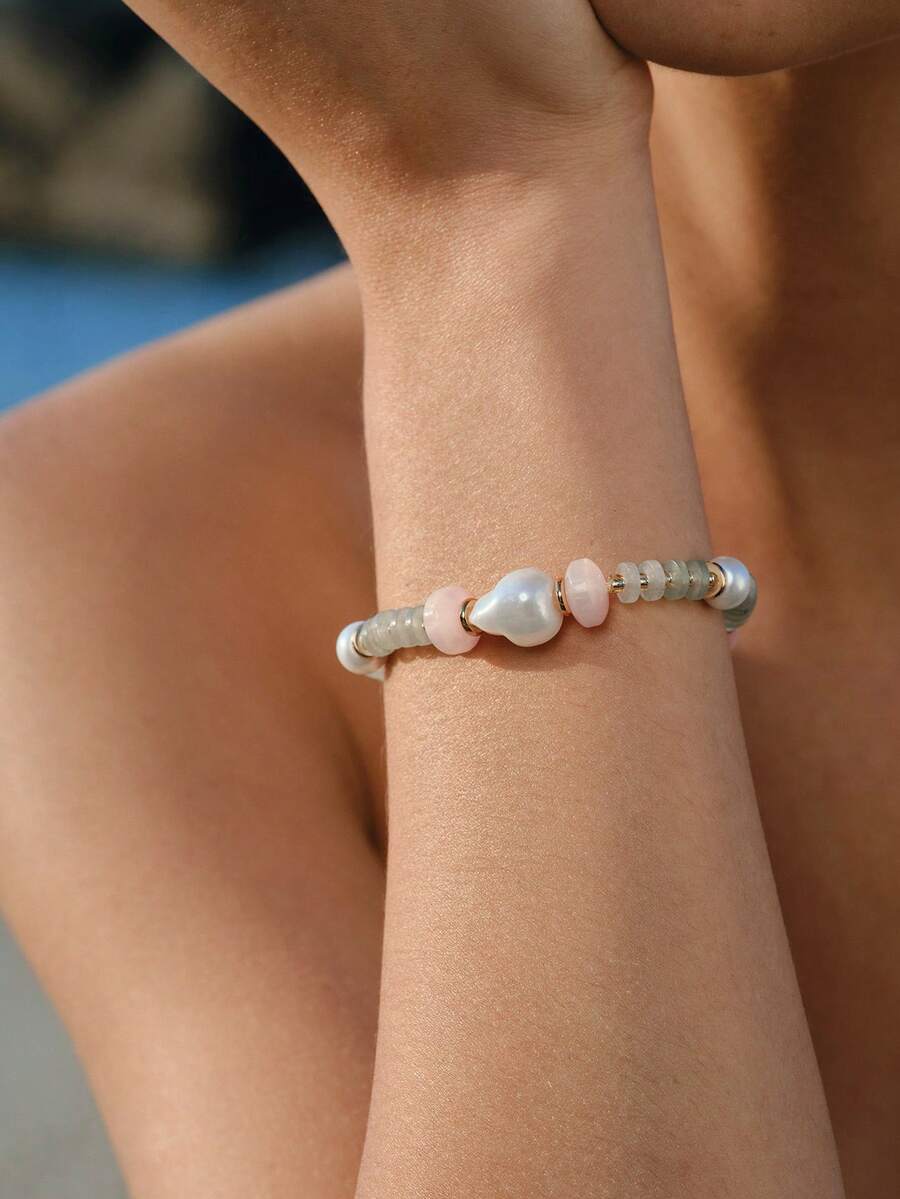 Opalesca 18K Gold Plated Irregular Pearl Beaded Ocean Wind Bracelet - Blue - View 1