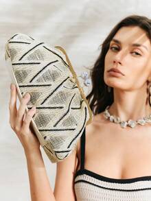 SHECARRY Túi xách nữ, ví cầm tay, túi cói, túi đan bằng rơm, thời trang, thanh lịch, đơn giản, cá tính, đa năng, thích hợp cho bãi biển, kỳ nghỉ, mùa hè, ven biển, tiệc bãi biển. - Màu be - Xem 1