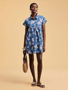 Travachic Women's Short Sleeve Fully Allover Print Ruffle Hem Denim Summer Dress - Light Wash - View 2