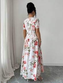 Elenzga Women's V-Neck Knotted Floral Print Ruched Waist Elegant Long Dress For Party - Apricot - View 2