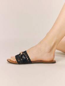 Styleloop Stylish Woven Sandals With Flat Bottom, Comfortable Muller Sandals, Holiday Style Sandals, Flat Sandals, Beach Sandals - Black - View 2