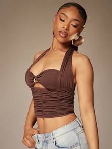 Denimoi Sexy Metallic Decor Ruched Halter Neck Blouse For Women, Summer - Brown - View 5