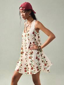 SoleilVie 女士新款宽松印花吊带迷你连衣裙，适合旅行和度假穿着 - 杏色 - 查看 7