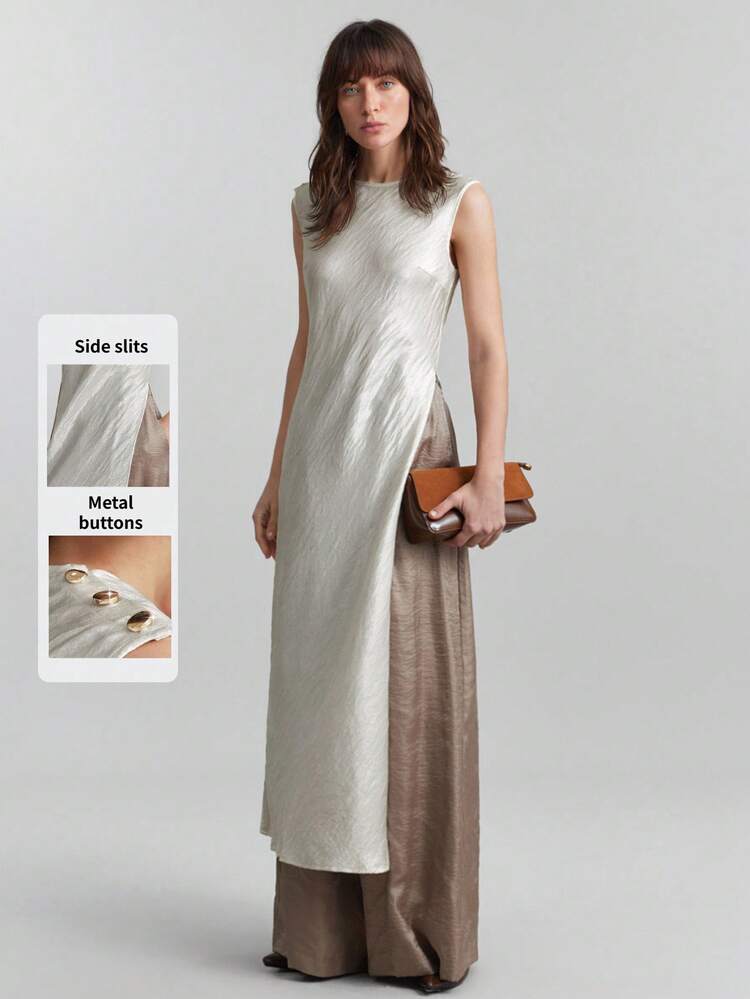 2026 Women's Crinkle Satin Crepe Fabric Small Collar Off-Shoulder Round Neck Design With Side High Slit, Diagonal Cut Stylish Urban Casual Business Commuter High-Quality Airport Wear Blouse All Season Modern Urban Casual Fashion Business Casual Women's Office Wear Low-Key Old Money Style Effortless Temperament High-End Urban Commuting High-Quality Airport Women's Wear High-End Material Sleeveless Dress Long Silk Dress Khaki Dress Women Taupe Dress For Women Neutral Dresses For Women