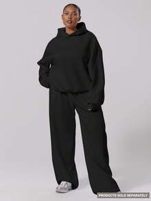 MUSERA Plus Size Straight Leg Fleece Elasticated Waist Joggers , Winter, , Cute, Everyday, Casual, Coffee Club Curve Spring Vacation - Black - View 1