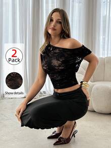 Siren Gaze Women's Floral Lace Asymmetric Neck Top And Pleated Midi Skirt 2-Piece Set Black Sexy Top Black Lace Top Black See Through Top Cute Black Top Black Sexy Tops Black Mesh Top One Shoulder Top Lace Crop Top Summer Crop Tops Set 2 Piece Set Women Crop Top Sets See Through Tops Crop Top Pack Lace 2 Piece Set - Black - View 6