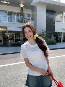 DAZY Women's Sweet White Bow Ruffle Striped Loose T-Shirt, Gorgeous Summer Top With Exquisite Design - White - View 3