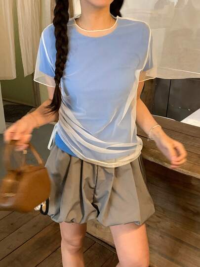 DAZY Women's Side Drawstring Adjustable Sheer Mesh Short Sleeve T-Shirt 2 Pieces Set