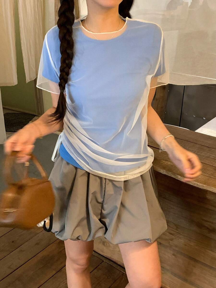DAZY Women's Side Drawstring Adjustable Sheer Mesh Short Sleeve T-Shirt 2 Pieces Set - Blue - View 1