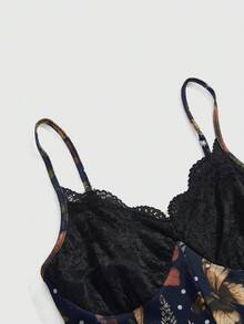 ROMWE Fairycore Dark Floral Bohemian Romantic Gothic Print Loose Fit Spaghetti Strap Mini Dress For Women - Navy Blue - View 3