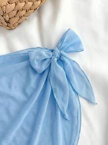 SHEIN 少女蓝白度假风碎花侧边蝴蝶结装饰休闲连体泳衣带罩裙 - 彩色 - 查看 4