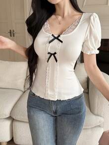 Feyla 女士蕾丝边领蝴蝶结装饰荷叶袖性感可爱百搭T恤 - 白色 - 查看 3