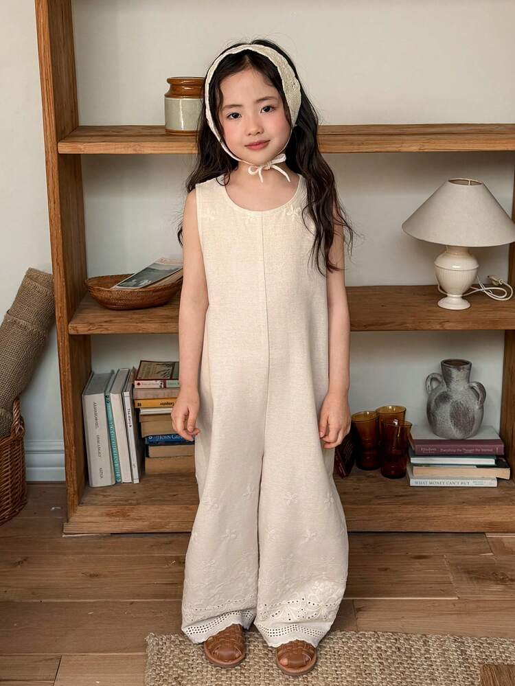 Young Girls Round Neck Solid Color Sleeveless Jumpsuit, Versatile Korean Style Casual Spring/Summer