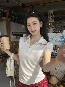 DAZY 女士翻领短袖修身Polo衫 - 白色 - 查看 7