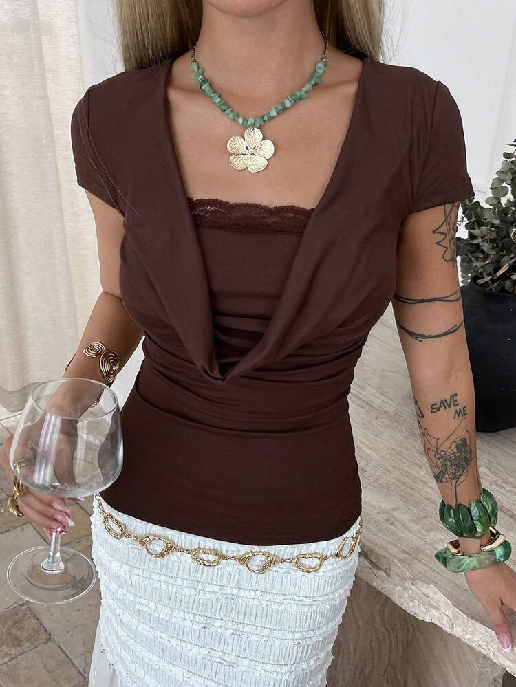 Women's Summer Short Sleeve Scoop Neck Lace Patchwork Slim Fit Casual Pullover T-Shirt