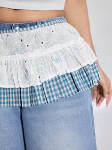 A Sweet Embroidered Lace Plaid Ruffled Patchwork One-Piece Skirt; Color-Blocked, Versatile, And Layerable With A Tie Waist. - Multicolor - View 2