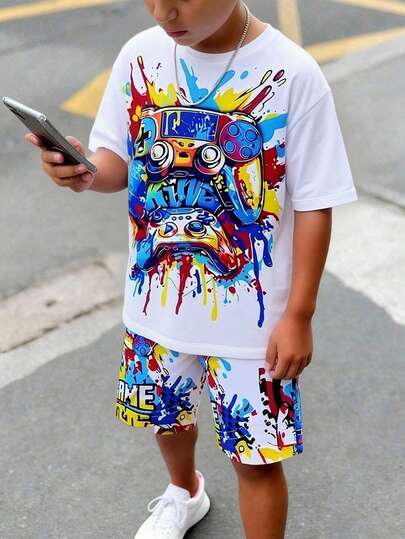 SHEIN Set de 2 piezas de camiseta de manga corta con estampado de salpicaduras de colores + pantalones cortos con bolsillo para adolescentes, primavera/verano