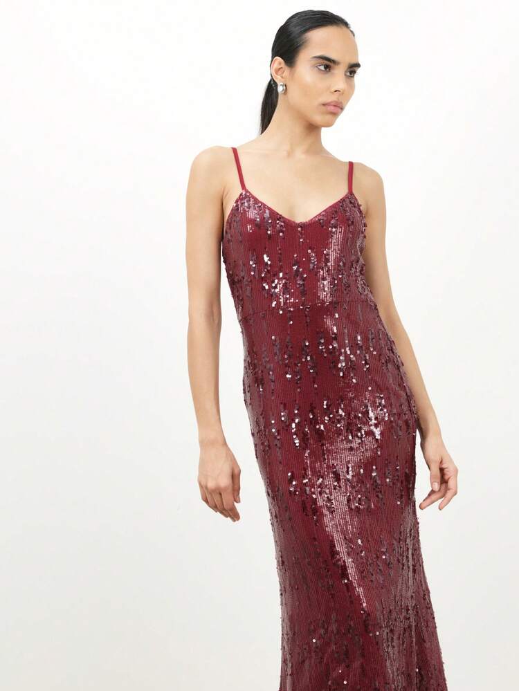 KSTM Burgundy Sequin Cami Strap V Neck Maxi Dress Evening Formal Party Holiday Sparkle Gown