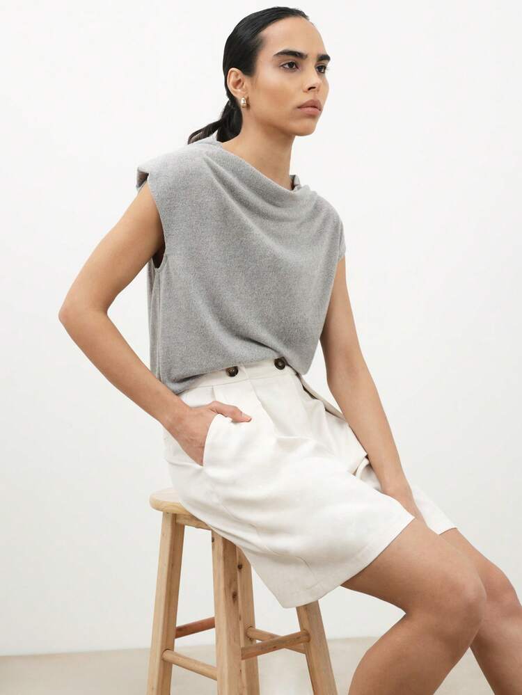 KSTM 여성용 하이웨이스트 버튼 디테일 버뮤다 쇼츠 여름 캐주얼 와이드 레그 테일러드 치노 스타일 무릎 길이 플리츠 프론트 포켓