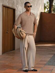 AKNOTIC Business Casual Áo thun nam tay ngắn màu trơn, kiểu dáng thường ngày, thích hợp đi làm. - Màu Khaki - Xem 4