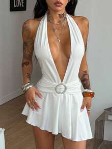 Coolane Vestido blanco ajustado con escote profundo en V, con strass y ojetes, para fiesta, cita, playa o vacaciones, estilo Y2K para mujer en primavera/verano - Blanco - Ver 4