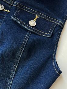 Elamini Bộ áo liền quần denim dáng ôm, không tay, màu trơn dành cho nữ - Rửa tối - Xem 5