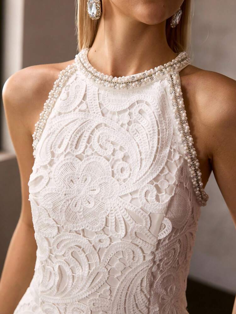 MOTF Soiréza ELEGANT HIGH-END BACKLESS CONTRAST LACE FRINGE HEM COCKTAIL DRESS, SPRING/SUMMER