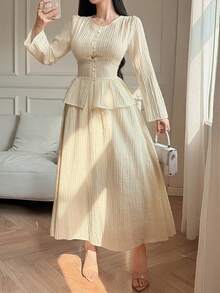 DAZY Women's Summer Vacation Round Neck Petal Sleeve Crop Top And Casual Long Skirt 2 Pieces Set - Beige - View 3