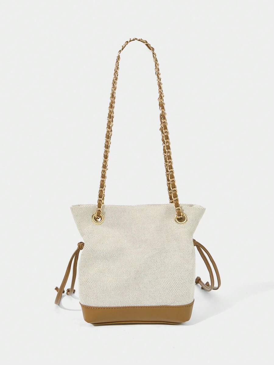 SHECARRY Ladies Exquisite Vacation Shoulder Bag, Fashion Chain Bag Commuter Shoulder Crossbody Stray Bucket Bag - Brown Beige Canvas + Brown PU - View 1