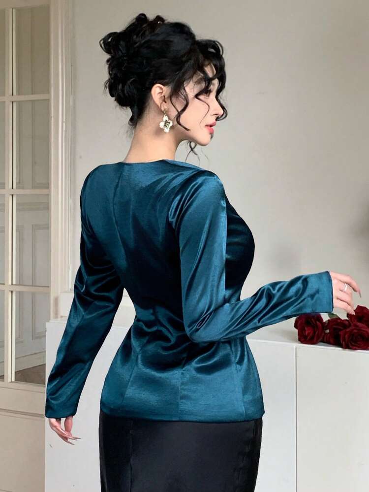 Women's Elegant Solid Color Round Neck Satin Blazer Jacket, Spring