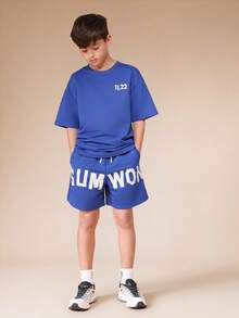 SUMWON Boys Oversized Royal Blue T-Shirt And Matching Shorts Co-Ord Set With White Number Print And Text Graphics - Blue - View 6
