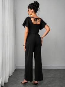 SHEIN 孕妇纯色V领镂空休闲短袖连体裤 - 黑色 - 查看 2