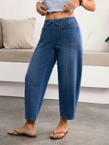 Breezaya 女士休闲水洗抽绳腰胡萝卜牛仔裤 - 深色水洗藍 - 查看 3