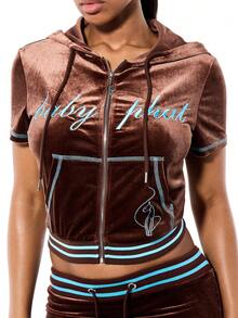 BABYPHAT Áo hoodie nữ tay ngắn chất liệu nhung, có khóa kéo phía trước và viền tương phản, kiểu dáng sang trọng, phù hợp với phong cách đường phố thường ngày. - màu nâu - Xem 4