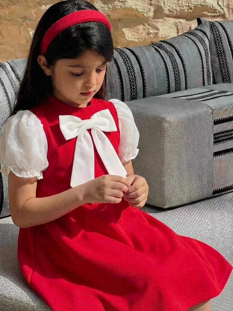 SHEIN Young Girl Knit Round Neck Patchwork Ruffled Big Bow Decor Fitted A-Line Dress, Colorblock, Red, Matching Family Vacation, Cute & Elagant & Fashionable, Partywear, Birthday, Gorgeous Princess, Mom And Daughter & Sisters Matching.Spring Summer - Red - View 3