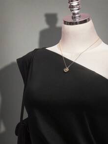 SHEIN ICON 大码女式蕾丝拼接斜肩上衣 - 黑色 - 查看 4