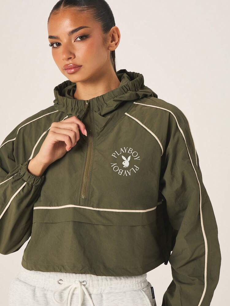 Missguided x Playboy Olive Cropped Hooded Windbreaker Jacket With Logo White Contrast Piping Long Sleeve Athletic Outerwear