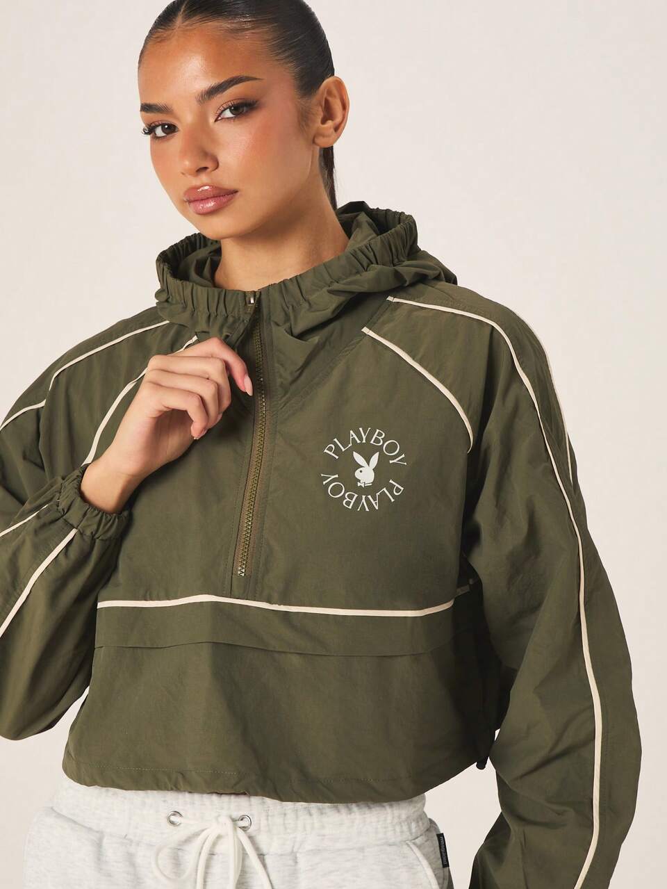 Missguided x Playboy Olive Cropped Hooded Windbreaker Jacket With Logo White Contrast Piping Long Sleeve Athletic Outerwear