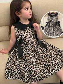 SHEIN 少女时尚夏季豹纹蝴蝶结领A字公主裙，豹纹连衣裙，优雅、可爱、休闲，适合外出、街头穿搭、节日及各种场合。 - 彩色 - 查看 1