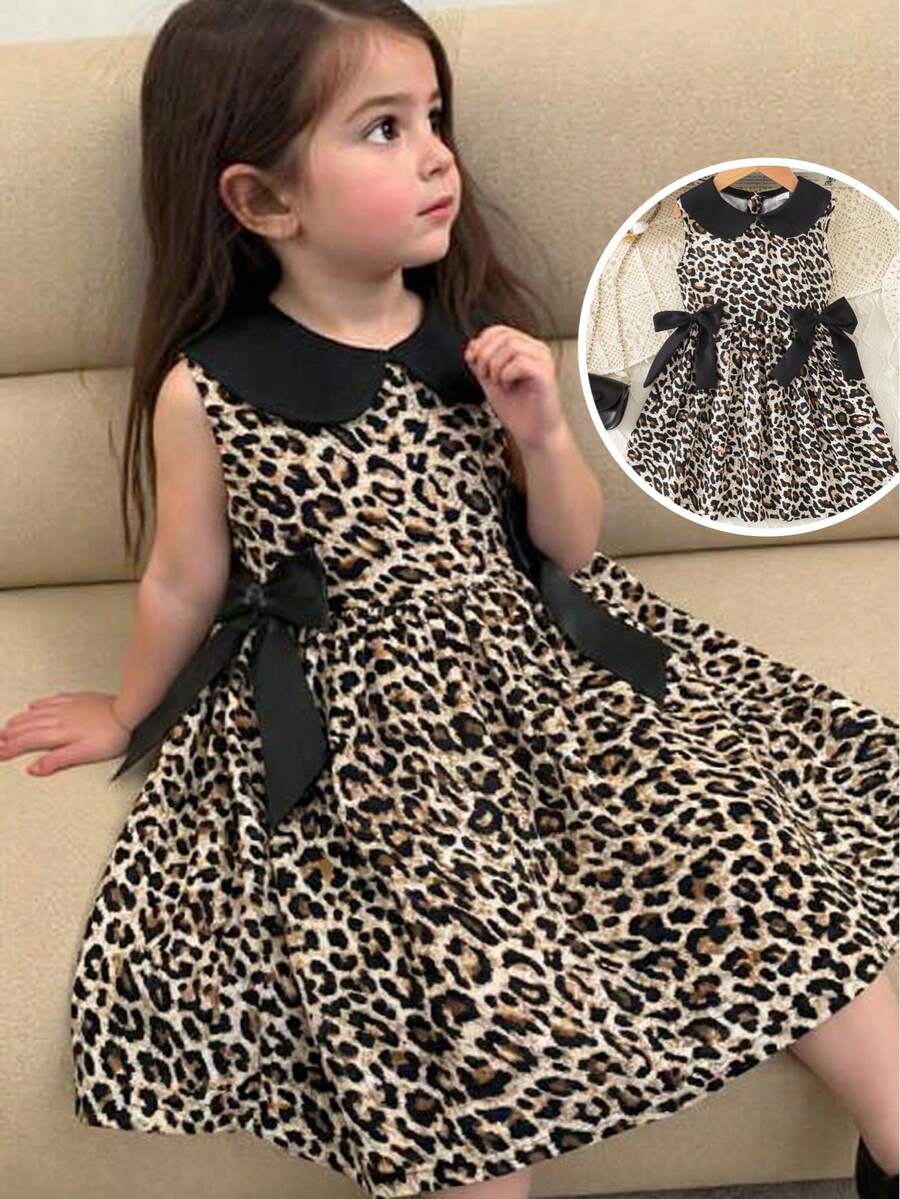 SHEIN 少女时尚夏季豹纹蝴蝶结领A字公主裙，豹纹连衣裙，优雅、可爱、休闲，适合外出、街头穿搭、节日及各种场合。 - 彩色 - 查看 1