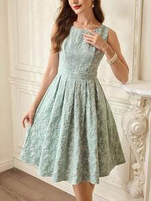 Vintamour 复古经典优雅女士连衣裙，春夏修身提花连衣裙，船领无袖直筒连衣裙，绿色 - 綠色 - 查看 1