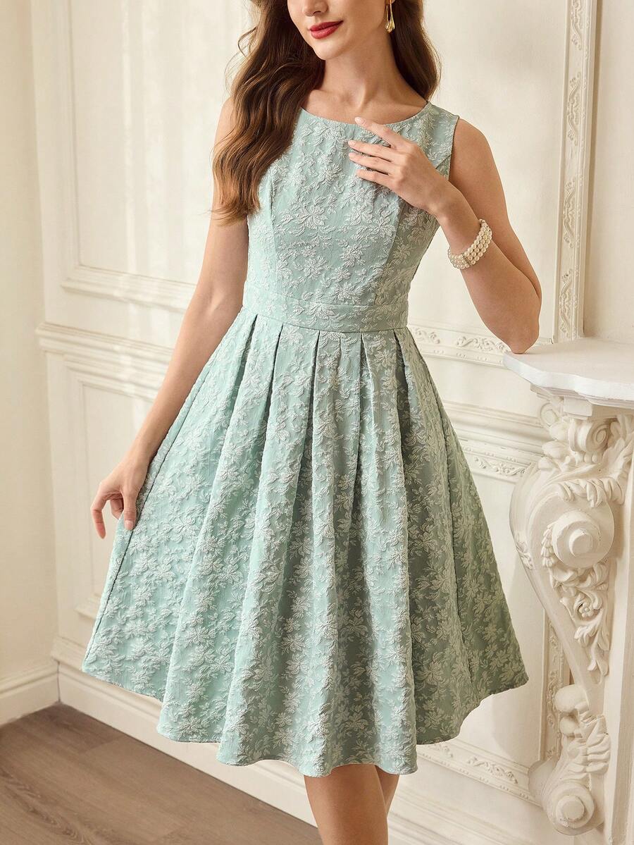 Vintamour 复古经典优雅女士连衣裙，春夏修身提花连衣裙，船领无袖直筒连衣裙，绿色 - 綠色 - 查看 1