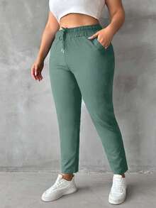 EURMUSE 素色抽繩大碼運動褲 - 橄欖綠 - 查看 1