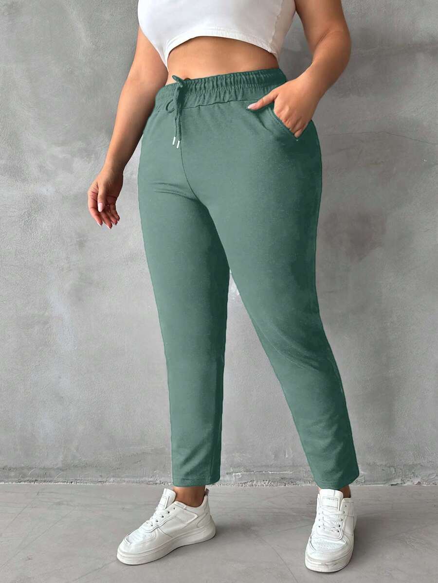 EURMUSE 素色抽繩大碼運動褲 - 橄欖綠 - 查看 1