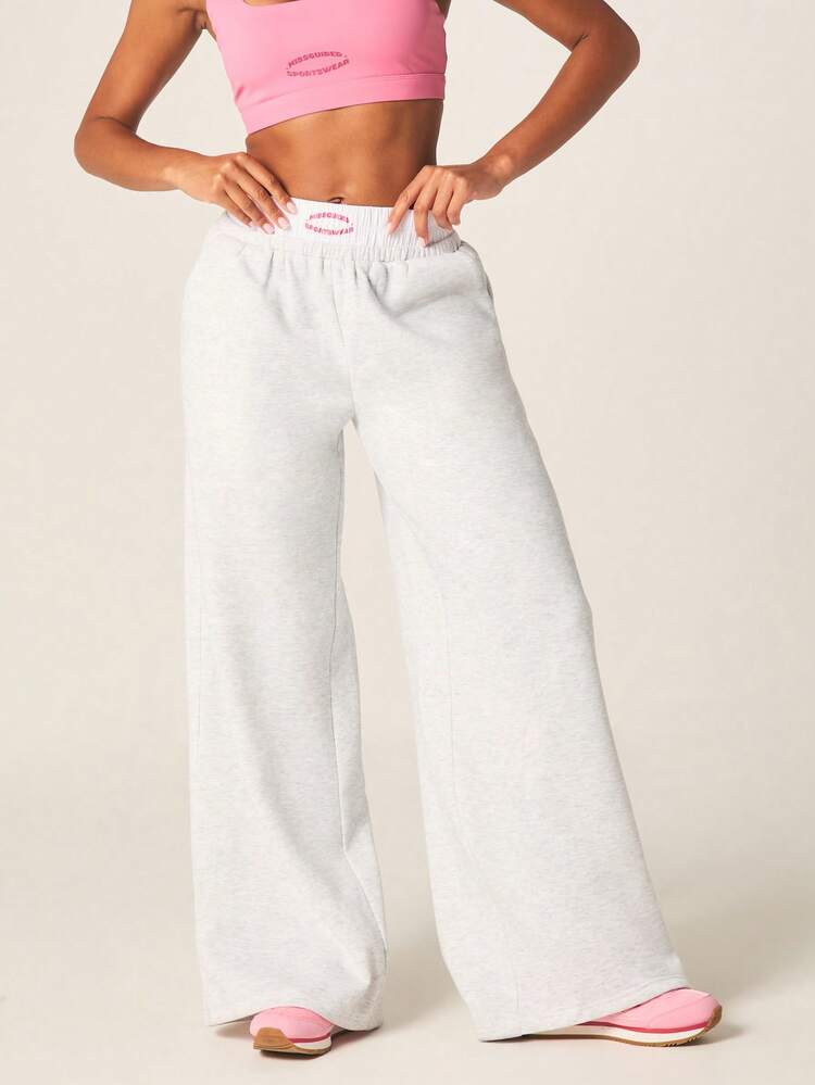 MISSGUIDED Women's High Waisted Light Grey Double Waistband Wide Leg Joggers Sweatpants For Casual Comfort And Loungewear