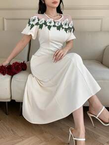 Spring & Summer White Dress, Elegant For Valentine's Day, Wedding, Party, Banquet, Fashion Event. Waist-Cinched Fit, Ruffle Hem, Bell Sleeves, Color Block Floral Print Long Dress For Women - Beige - View 1