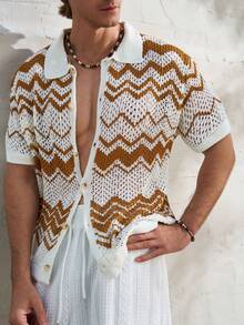 Airaco Men's Perforated Jacquard Wavy Pattern Knit Polo Shirt, Short Sleeve, Summer - Camel - View 3