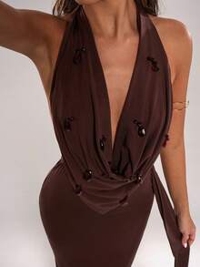 SHEIN BAE Women's Summer Elegant Dark Brown Draped Neck Backless Pearl Decor Dress, Halter Long Dress For Party Night,Vacation,Beach & Wedding Guest - Teal Blue - View 7
